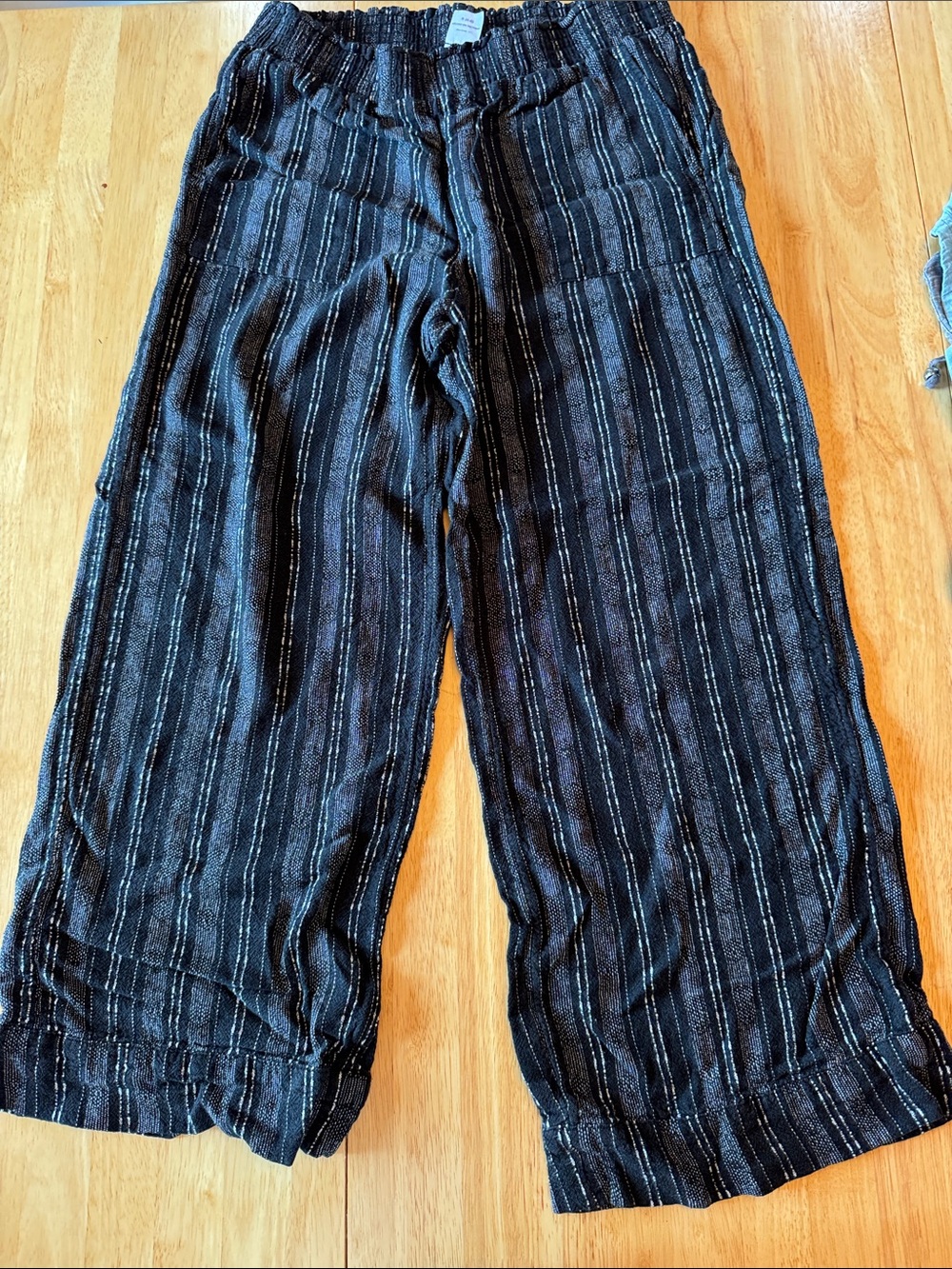 Black Striped Linen-feel Wide-Leg Casual Pants